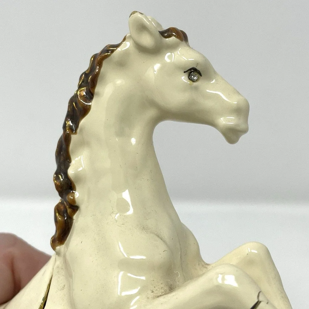 Vintage Enamel Rearing Horse Trinket Box White Stallion Jeweled Eye - AS IS